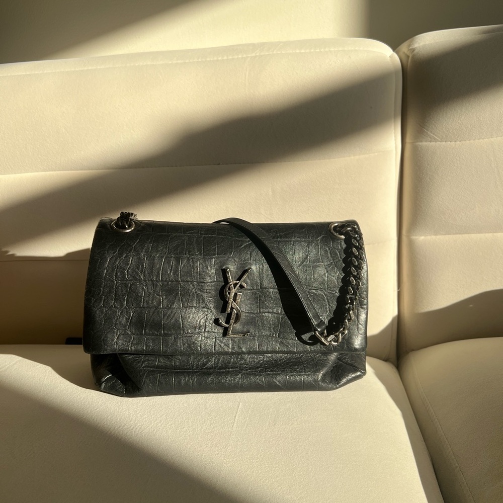 Yves Saint Laurent Croc-Embossed Black Chain Shoulder Bag